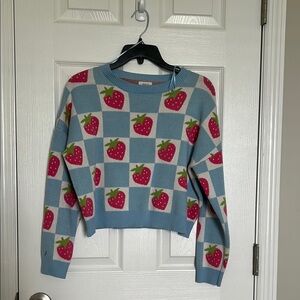Debut Blue and Red Crew Neck Sweater with Strawberry Print